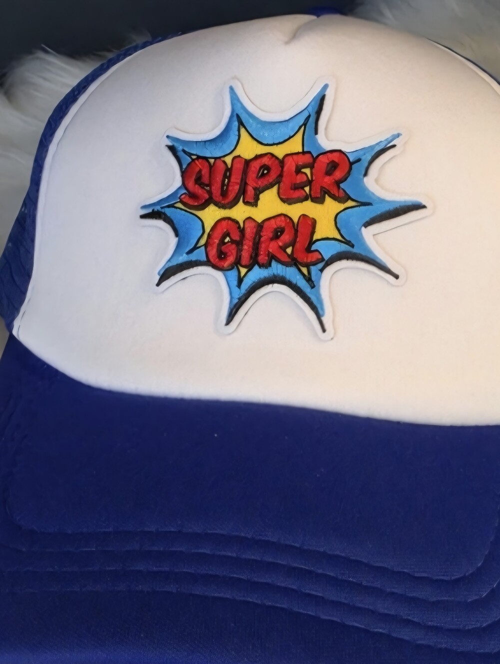 Woman's 90s Inspired Superhero Super Girl Blue & White Trucker Hat